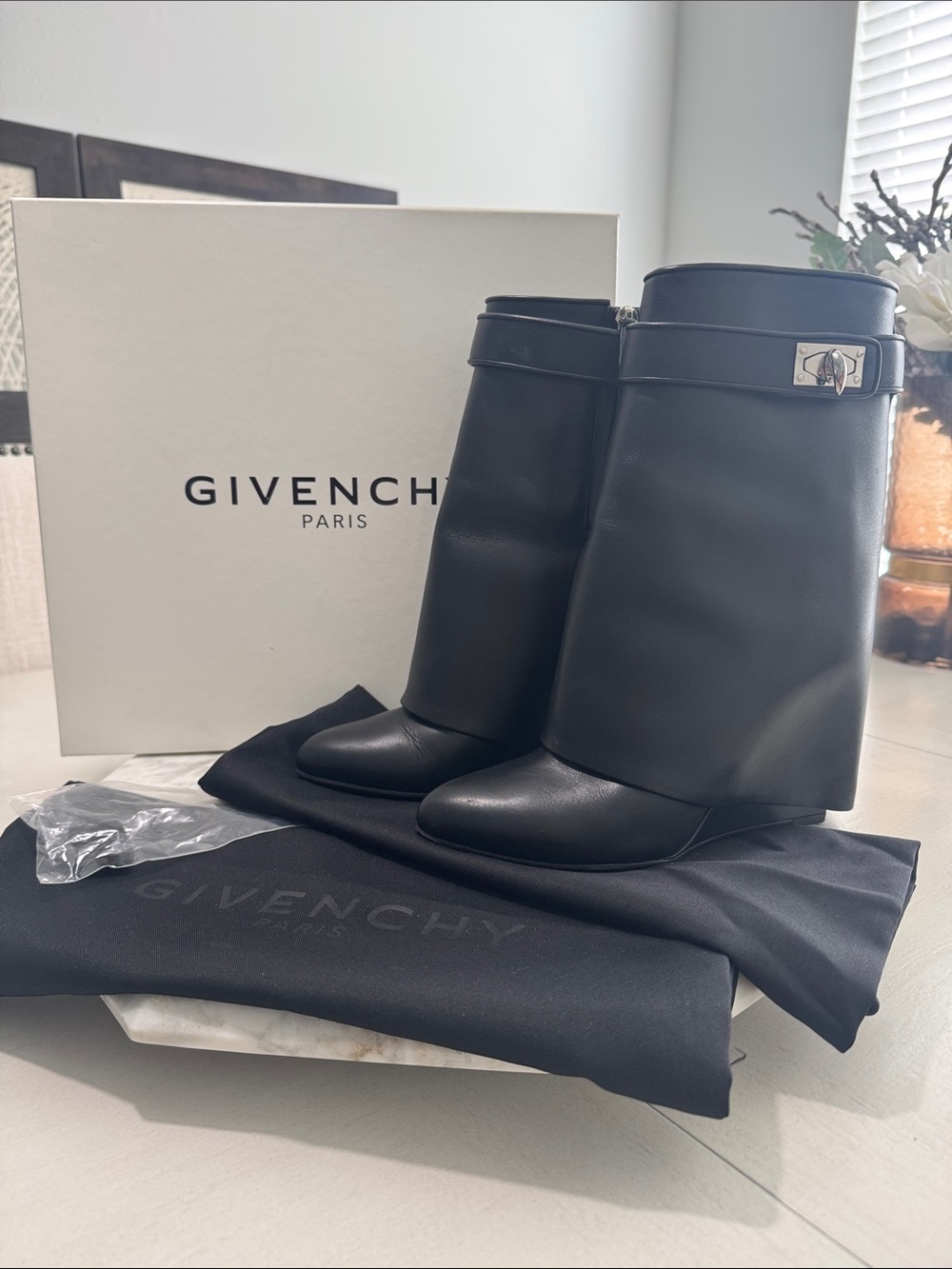 Givenchy Men’s Black Leather Wedge Ankle Boots with Strap Detail